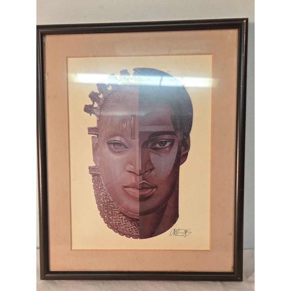 Vintage African Portrait Print Signed Owens Framed Tribal Modern Art